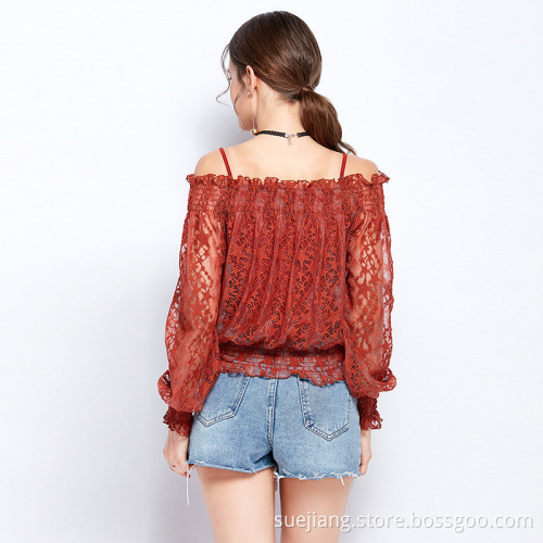 Long Sleeve Hollow Out Off Shoulder Strap Top